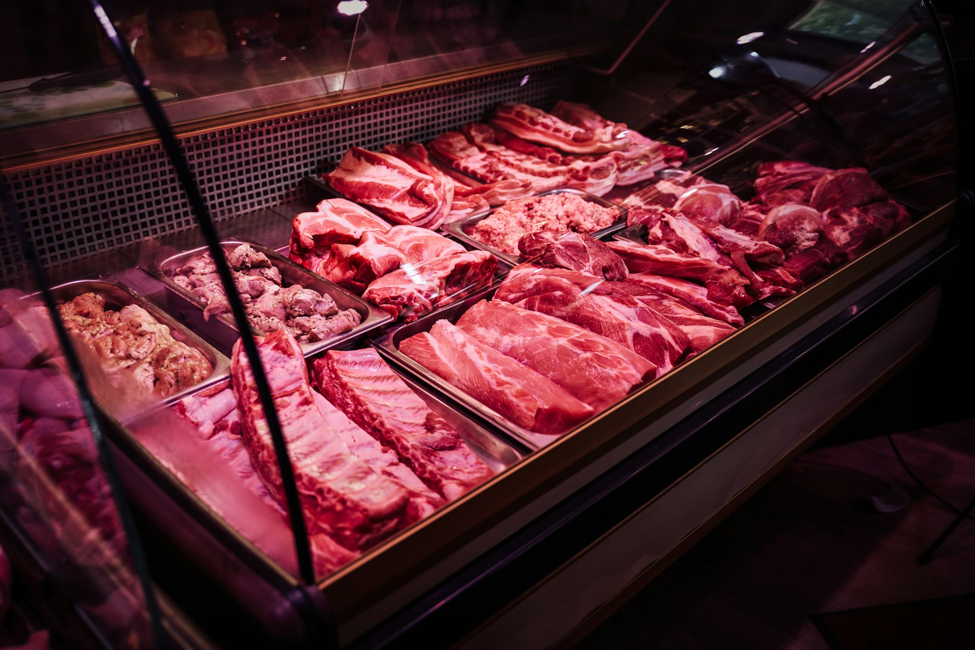A butcher shop's full-filled meat window